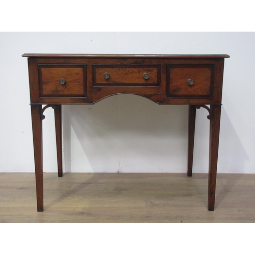 413 - A Georgian style oak and mahogany crossbanded Lowboy fitted three drawers and mounted upon square cu... 