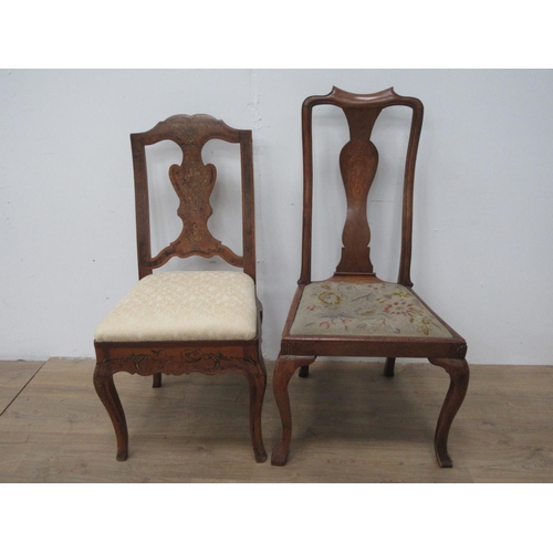 416 - Two 18th Century walnut and marquetry inlaid single Chairs with drop in seats mounted upon square cu... 