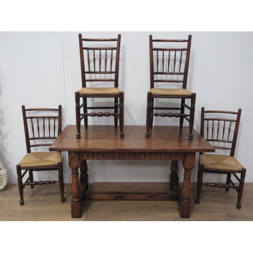 417 - A reproduction oak Refectory Table with cleated three plank top mounted upon turned supports with H-... 