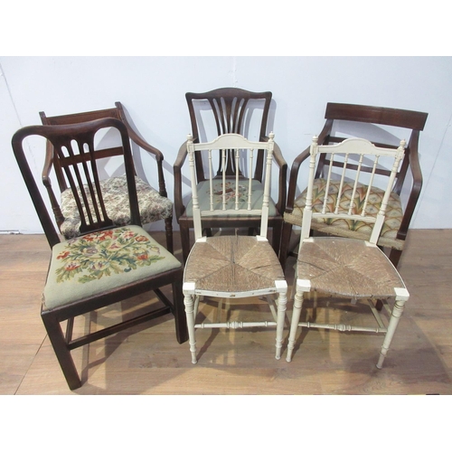 418 - Three antique mahogany Elbow Chairs, a mahogany country single Chair and a pair of cream painted Bed... 