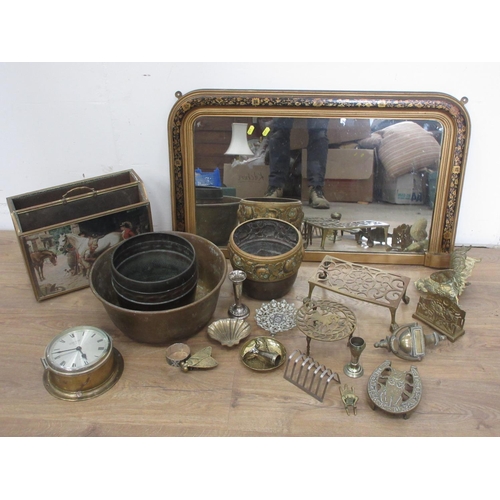 423A - A gilt framed overmantle Mirror with painted decoration, and a box of metalware including brass Bowl... 