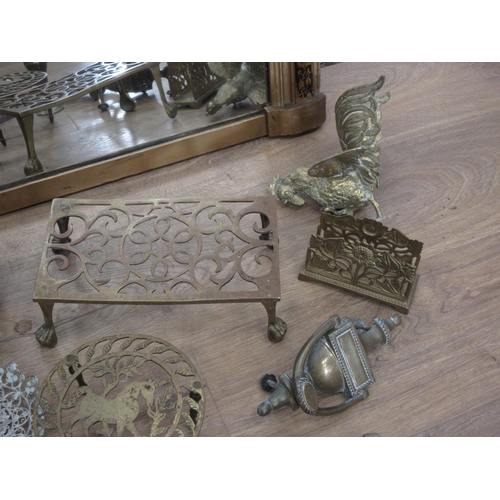 423A - A gilt framed overmantle Mirror with painted decoration, and a box of metalware including brass Bowl... 