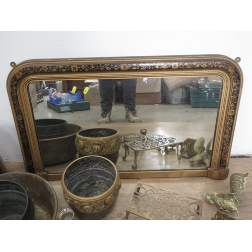 423A - A gilt framed overmantle Mirror with painted decoration, and a box of metalware including brass Bowl... 