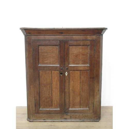 428 - A Georgian oak hanging Corner Cupboard fitted two panel doors enclosing painted interior 3ft 8in H x... 