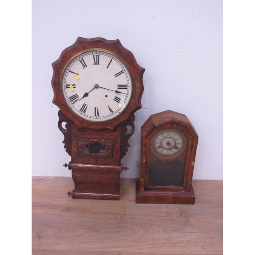 445 - A Victorian walnut veneered Wall Clock 2ft 7in H x 1ft 5in W and a Mantel Clock A/F