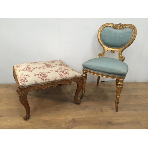 494A - A French gilt Single Chair with shaped and upholstered back and seat and a French style gilt Stool w... 