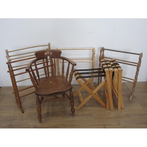 504 - Four Towel Rails, a spindle back Elbow Chair, a folding Chair and three folding Racks