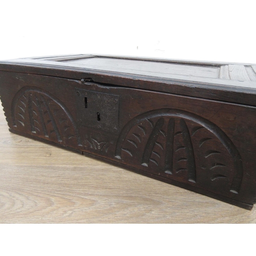 504A - An antique oak Bible Box with moulding to the front and carving to the front, 2ft W x 1ft 2 1/2in de... 