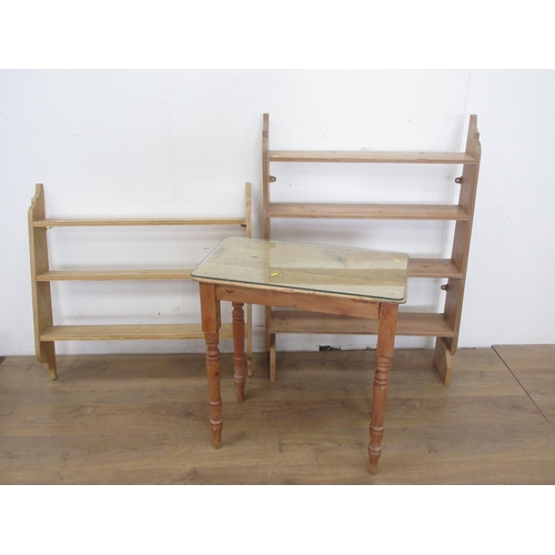 505 - A Victorian pine Side Table, two sets of pine Shelves and a floral painted circular Occasional Table... 