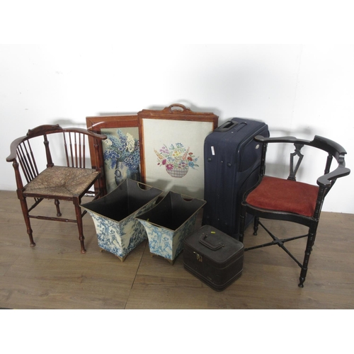 526 - Two needlework Firescreens, two Victorian Corner Chairs, two Bins and two Cases