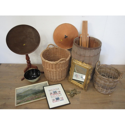 537 - A coopered Barrel, two wicker Baskets, Filing Cabinet, folding Easel, Eastern yellow metal Bracelets... 