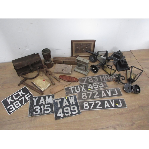 541A - Two boxes of metalware including old tractor Number Plates, Oil Dispenser, Lamps, etc.