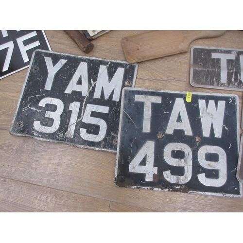 541A - Two boxes of metalware including old tractor Number Plates, Oil Dispenser, Lamps, etc.