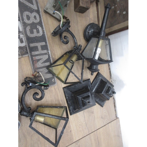 541A - Two boxes of metalware including old tractor Number Plates, Oil Dispenser, Lamps, etc.