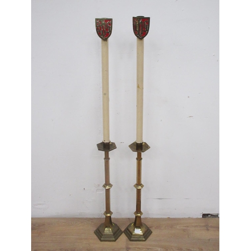 542A - A large pair of brass Church type Candlesticks with hexagonal stems and bases, 2ft 1in H