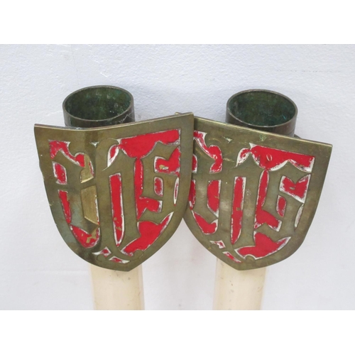 542A - A large pair of brass Church type Candlesticks with hexagonal stems and bases, 2ft 1in H