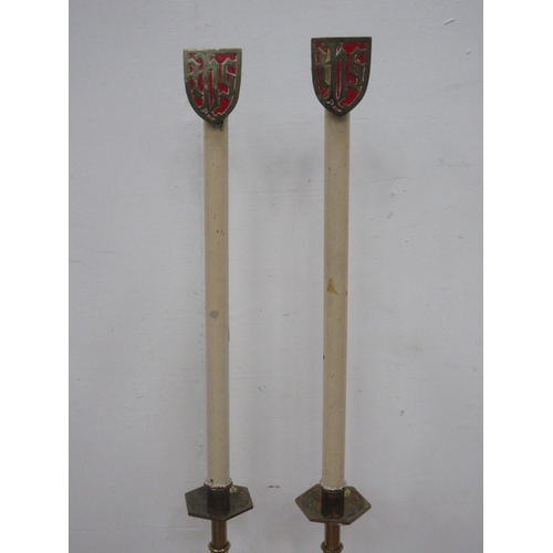 542A - A large pair of brass Church type Candlesticks with hexagonal stems and bases, 2ft 1in H