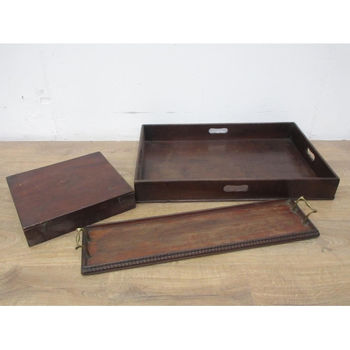 544 - A 19th Century oak Butler's Tray lacking stand 2ft 4in W, an oak brass handled Tray and a Canteen