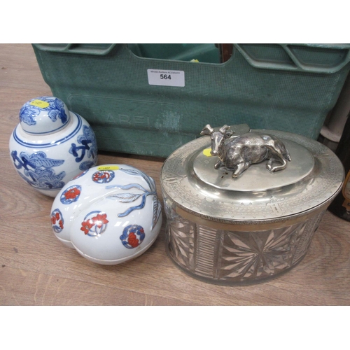 564 - Two boxes of glass and ceramics including Decanters, Comport, oval Biscuit Jar with cow handle, Bowl... 