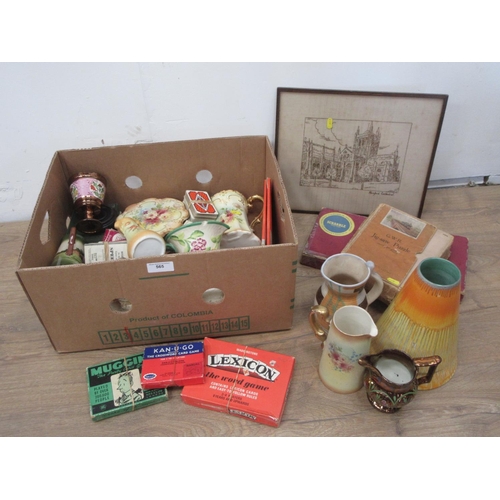 565 - A box of ceramics and other items including a Shelley Vase, Beswick Jug, GWR Jigsaw Puzzle, lustre B... 