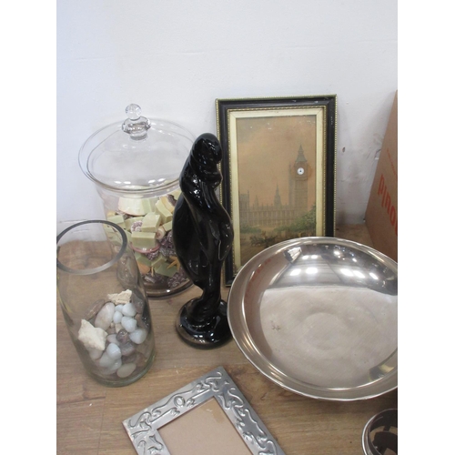 567 - Two glass Vases of Shells and Pebbles, two framed Portraits, white metal Comport, Big Ben Clock, pho... 