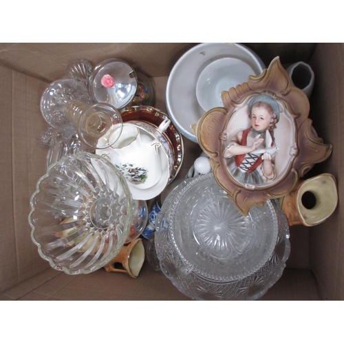 568 - Three boxes of ceramics, glassware, etc including a pair of blue glass Vases blue and white Dishes, ... 