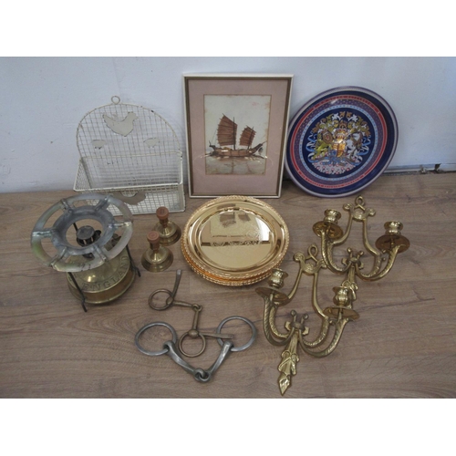 572 - Box including pair of brass Wall Sconces, Plates, Camping Stove, Bits, pair of Candlesticks