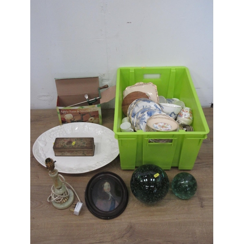 574 - Two large green glass Paperweights, an old portrait of Charles II, onyx Table Lamp, (passed PAT test... 