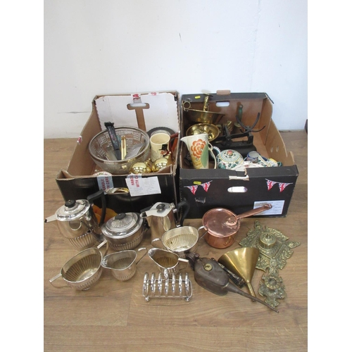 575 - Copper Jelly Mould, Inkstand, Scales, brass Finials, Wadeheath Jug, Fans, Dressing Table items, etc