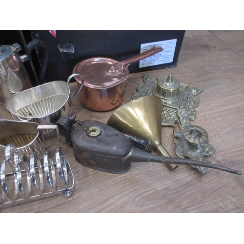 575 - Copper Jelly Mould, Inkstand, Scales, brass Finials, Wadeheath Jug, Fans, Dressing Table items, etc