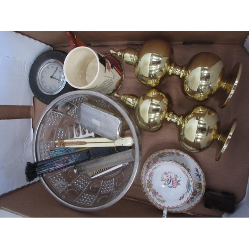 575 - Copper Jelly Mould, Inkstand, Scales, brass Finials, Wadeheath Jug, Fans, Dressing Table items, etc