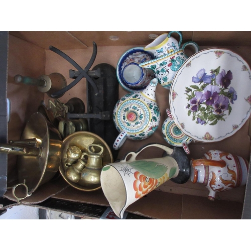 575 - Copper Jelly Mould, Inkstand, Scales, brass Finials, Wadeheath Jug, Fans, Dressing Table items, etc