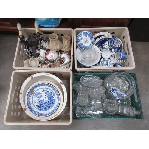 576 - Four boxes of blue and white Tea and Dinnerware, rose decorated Wash Bowl and various cut glass Deca... 