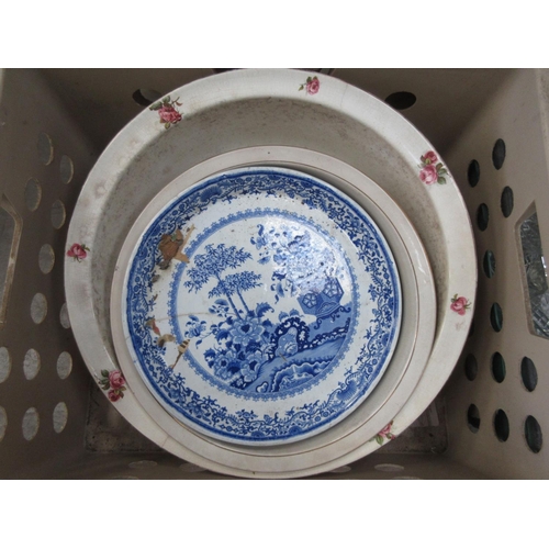 576 - Four boxes of blue and white Tea and Dinnerware, rose decorated Wash Bowl and various cut glass Deca... 