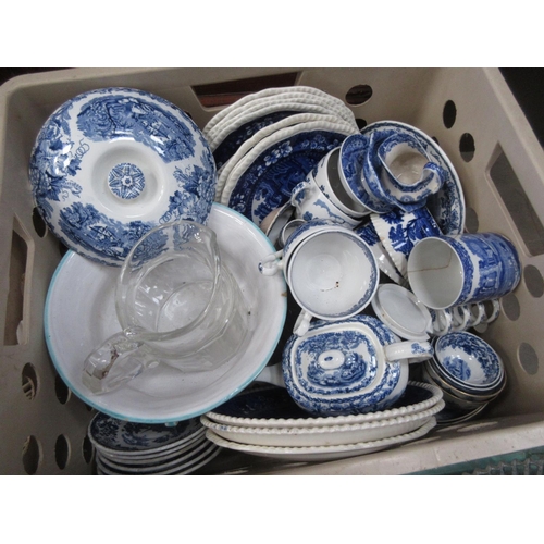 576 - Four boxes of blue and white Tea and Dinnerware, rose decorated Wash Bowl and various cut glass Deca... 