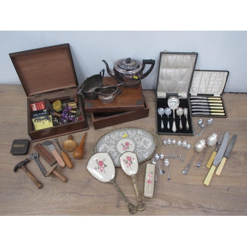 578 - A Box of Silver Plate and Cutlery including, a three piece Coffee Set, Spoons, Knifes, Brush Set, an... 