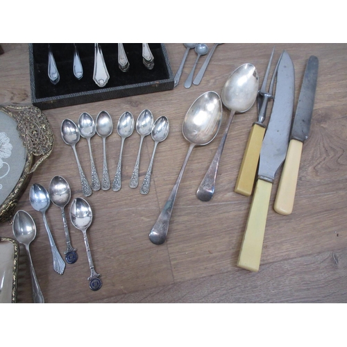 578 - A Box of Silver Plate and Cutlery including, a three piece Coffee Set, Spoons, Knifes, Brush Set, an... 