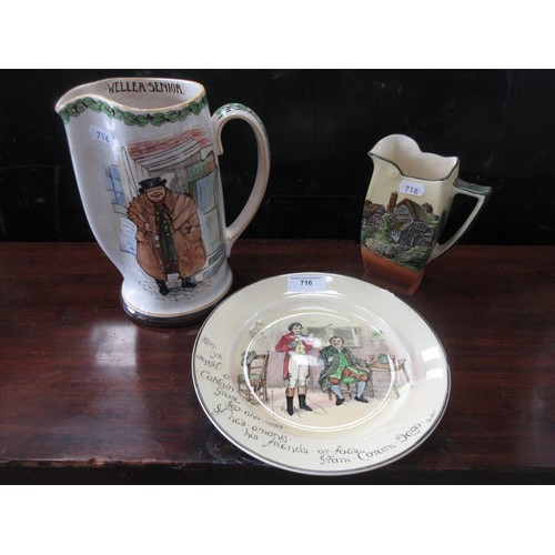 293 - A Royal Doulton 'Weller Senior' Jug, a Coram Dago Burns Plate and a Jug decorated with cottages