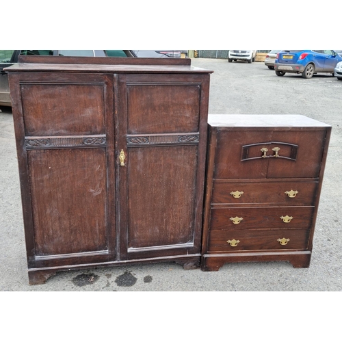 766 - An oak veneered Cupboard and Chest of three drawers fitted pair of cupboard doors