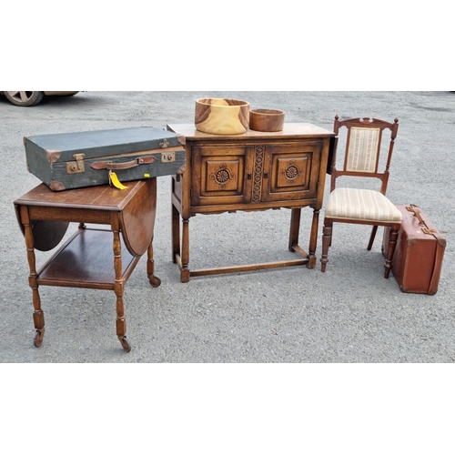 767 - A reproduction oak two door Cupboard in the 17th Century style with fall flaps 3ft 1in W, two Luggag... 