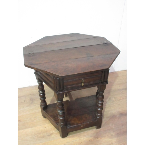 90 - A 17th Century and later oak Credence Table with fold over top, fitted frieze drawer and mounted upo... 