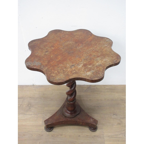 91 - A 19th Century burr oak Pillar Table on twisted column and three turned feet 2ft 4in H x 2ft H A/F