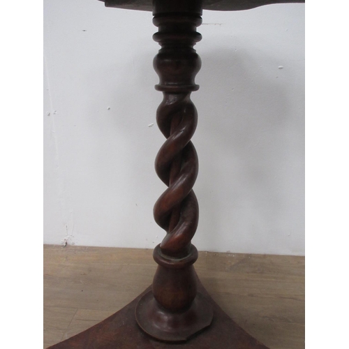 91 - A 19th Century burr oak Pillar Table on twisted column and three turned feet 2ft 4in H x 2ft H A/F