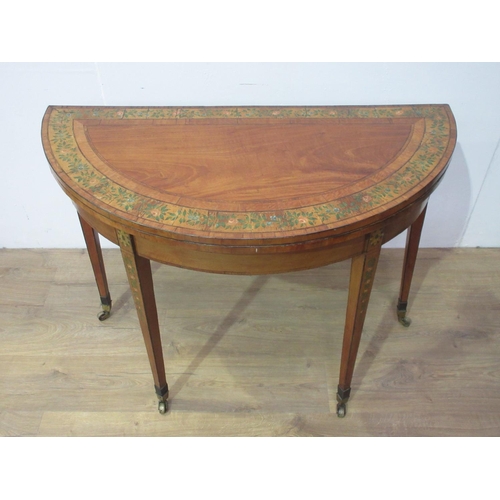 92 - A Georgian Sheraton style satinwood demi-lune foldover Card Table with floral painted decoration mou... 