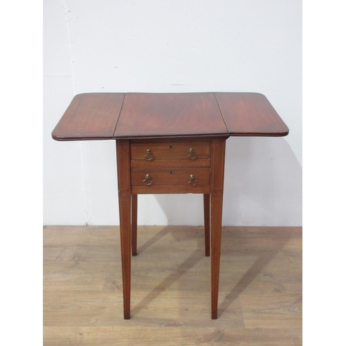 96 - A 19th Century mahogany and satinwood strung dropleaf Work Table fitted two end drawers mounted upon... 