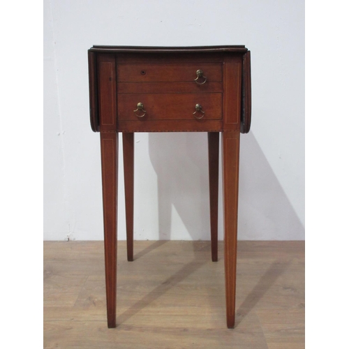 96 - A 19th Century mahogany and satinwood strung dropleaf Work Table fitted two end drawers mounted upon... 