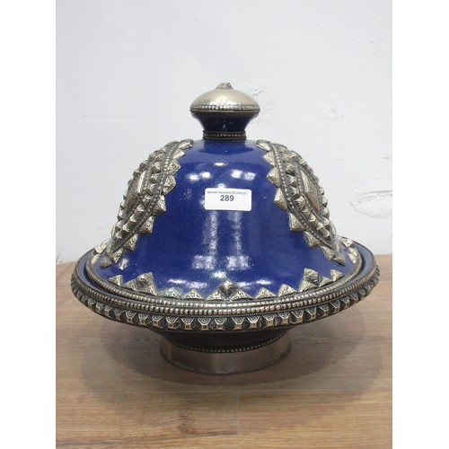 289 - An Indian blue glazed and white metal mounted Tureen and Cover