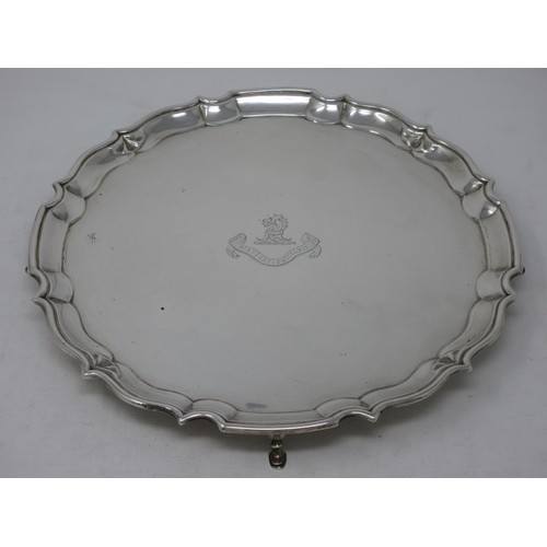 278 - A Edward VII silver Salver with pie crust rim, engraved crest to the centre and engraved inscription... 