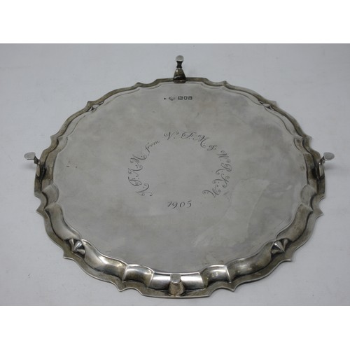 278 - A Edward VII silver Salver with pie crust rim, engraved crest to the centre and engraved inscription... 