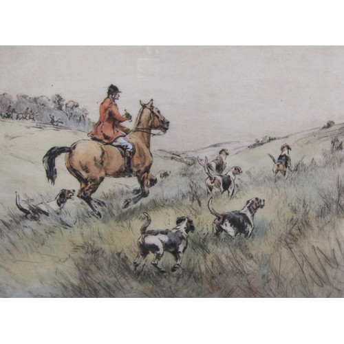 319 - HENRY WILKINSON. 'Following the Hounds', pencil, signed and indistinctly numbered, colour etching, p... 